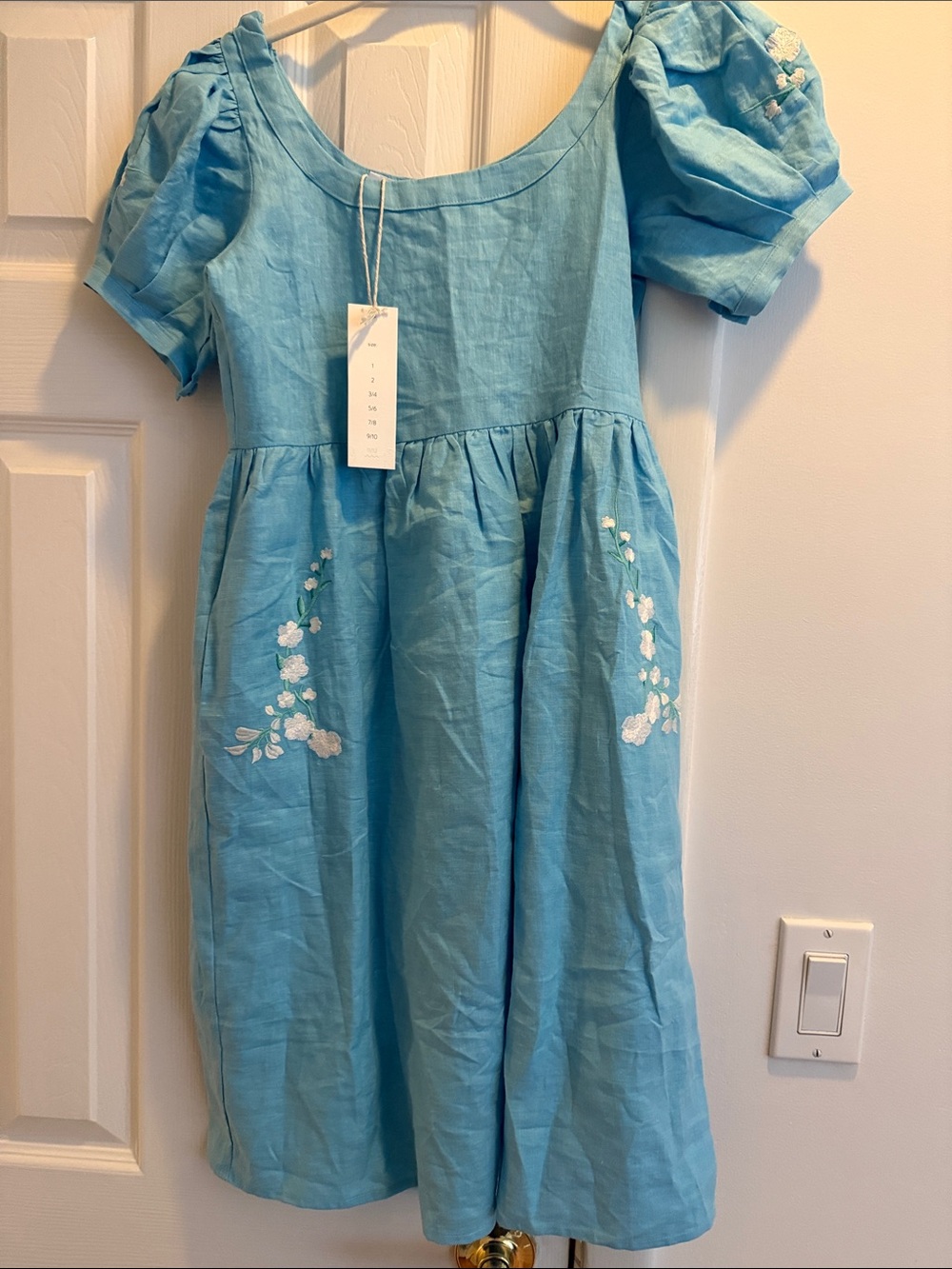 Girls' Blue Puff-Sleeve Embroidered Summer Dress